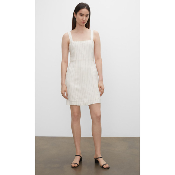 Club Monaco Striped Square Neck Mini Dress Sz 12 Off White Black Linen Blend NEW - Picture 1 of 13